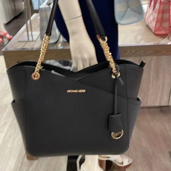 Michael Kors Jet Set Travel Large Chained Tote Shoulder Bag MK Black NWT